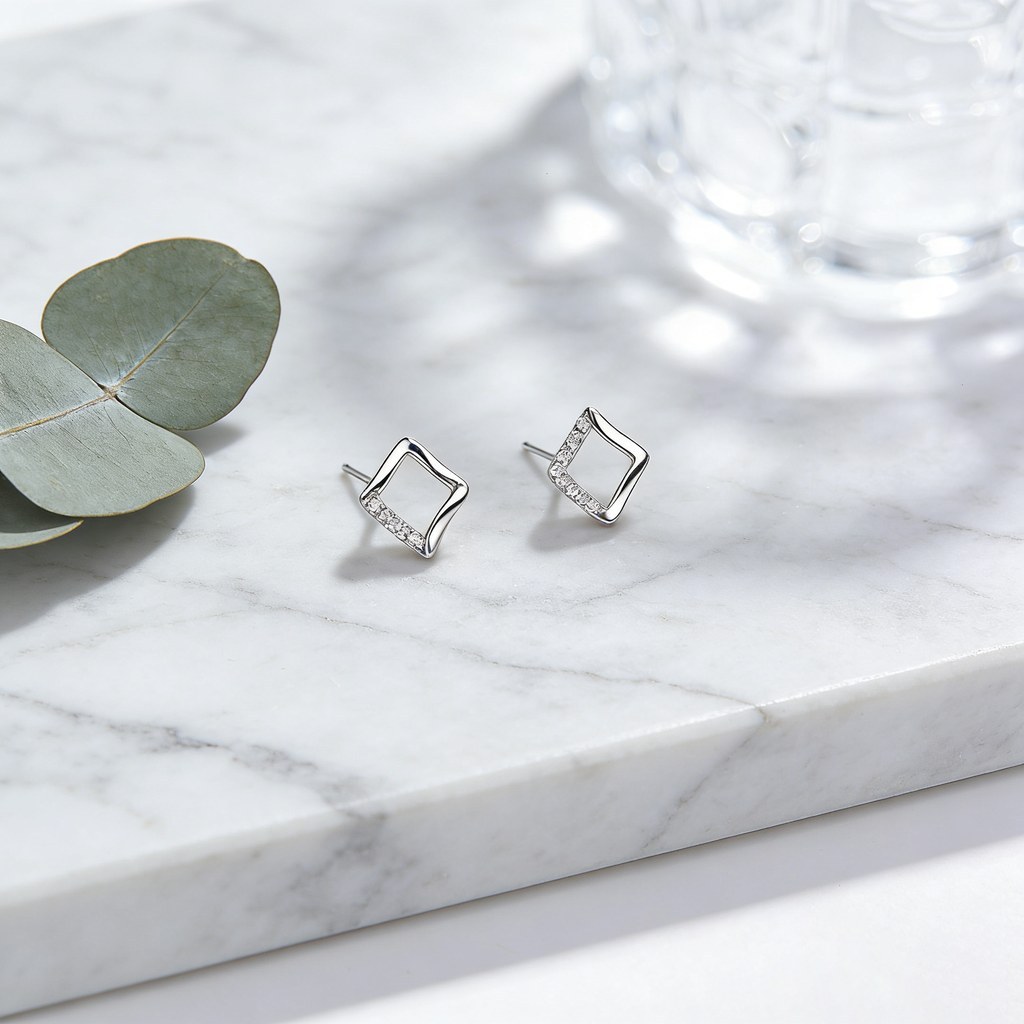 Wavy Square Pave Edge Stud Earrings detail view