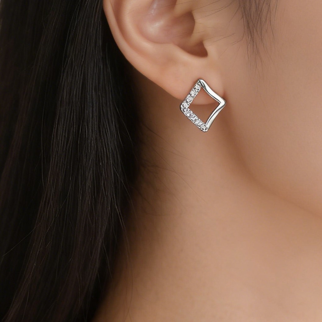 Wavy Square Pave Edge Stud Earrings on-model styling