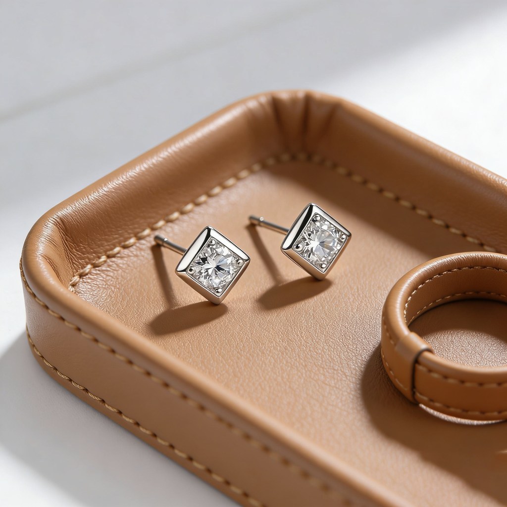 Diamond Shape Solitaire Stud Earrings detail view