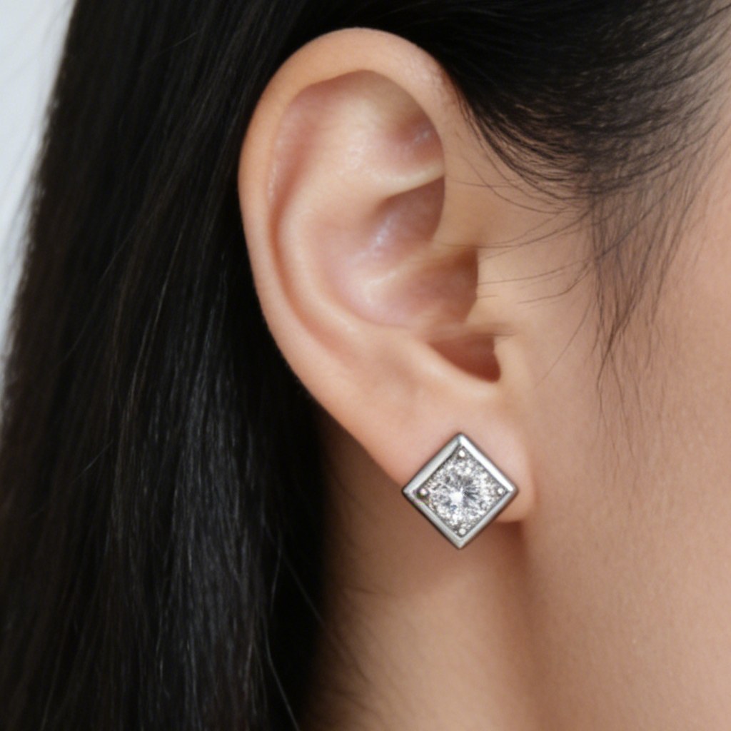 Diamond Shape Solitaire Stud Earrings on-model styling