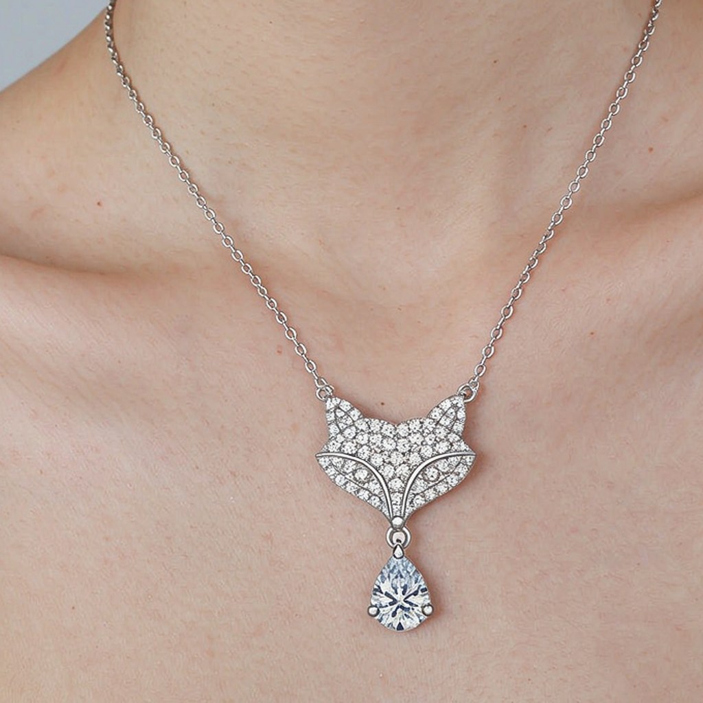 Curved Line Fox Pave Pendant Necklaces on-model styling