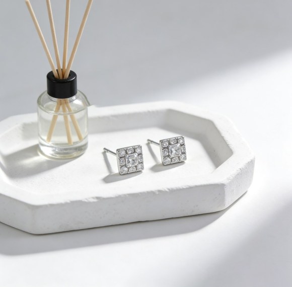 Princess Cut Halo Stud Earrings | Wedding Essentials | 925 Silver | Made to Order