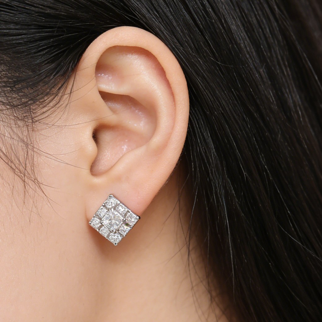 Princess Cut Halo Stud Earrings on-model styling