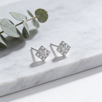 Princess Cut Halo Stud Earrings | Wedding Essentials | 925 Silver | Made to Order