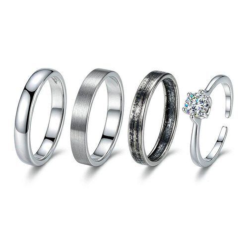 925 sterling silver rings showing polished, brushed, oxidized, and moissanite-set finishes