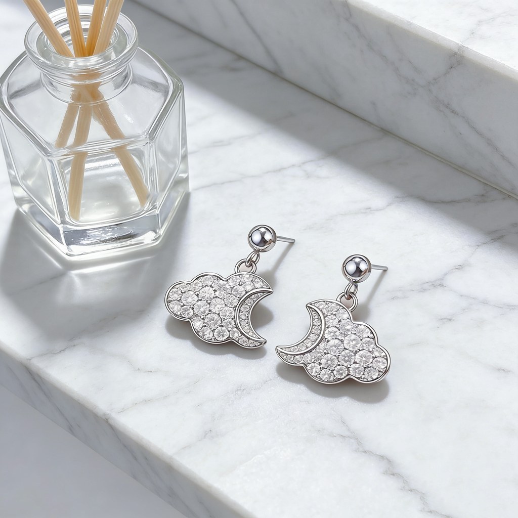 Crescent Moon Cloud Drop Earrings detail view