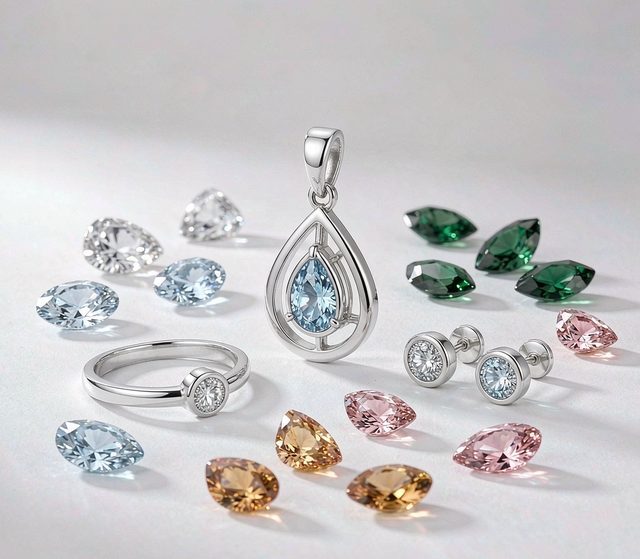 Assorted faceted gemstones in multiple colors beside 925 sterling silver jewelry