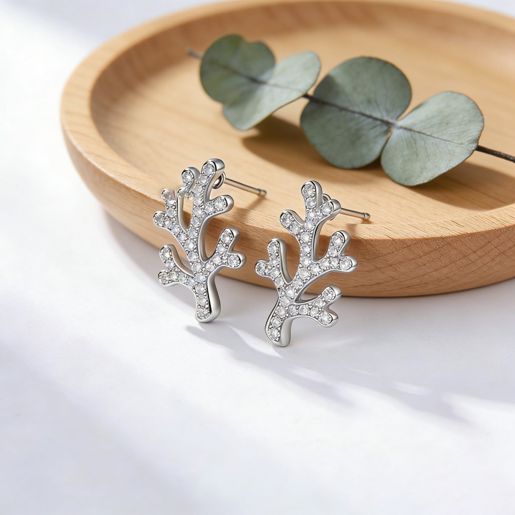 Custom 925 Sterling Silver Coral Twig Pave Stud Earrings for OEM ODM