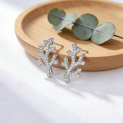 Coral Twig Pave Stud Earrings | Underwater Garden Style | 925 Sterling Silver | Tailored