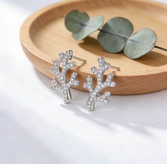 Coral Twig Pave Stud Earrings | Underwater Garden Style | 925 Sterling Silver | Tailored