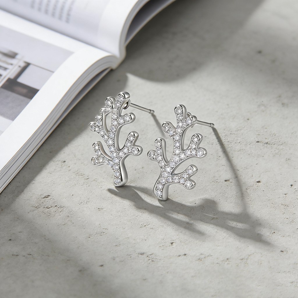 Coral Twig Pave Stud Earrings detail view