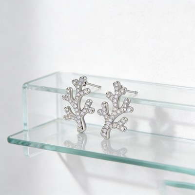 Coral Twig Pave Stud Earrings | Underwater Garden Style | 925 Sterling Silver | Tailored