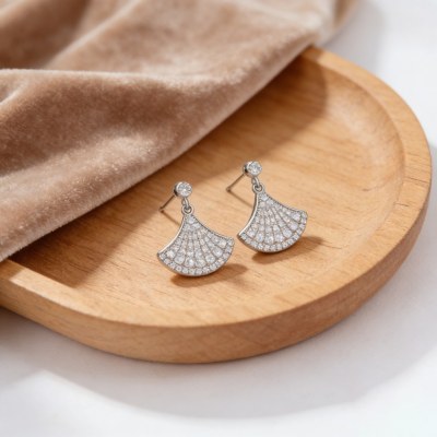 Fan Shape Pave Drop Earrings | Statement Evening Style | 925 Sterling Silver | Bespoke