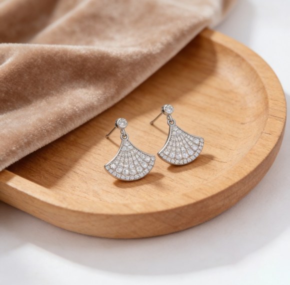 Fan Shape Pave Drop Earrings | Statement Evening Style | 925 Sterling Silver | Bespoke