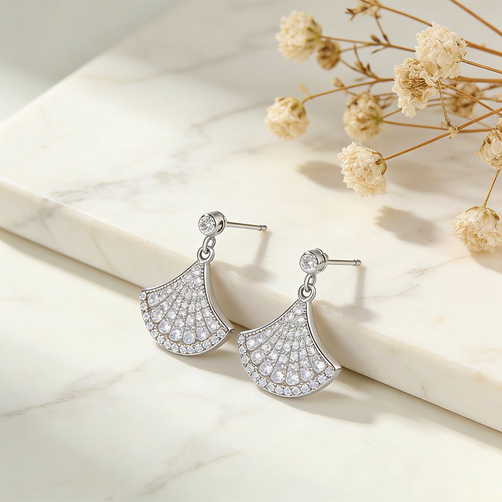 Fan Shape Pave Drop Earrings detail view