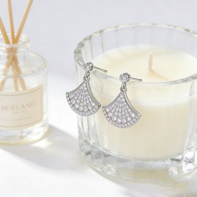 Fan Shape Pave Drop Earrings | Statement Evening Style | 925 Sterling Silver | Bespoke