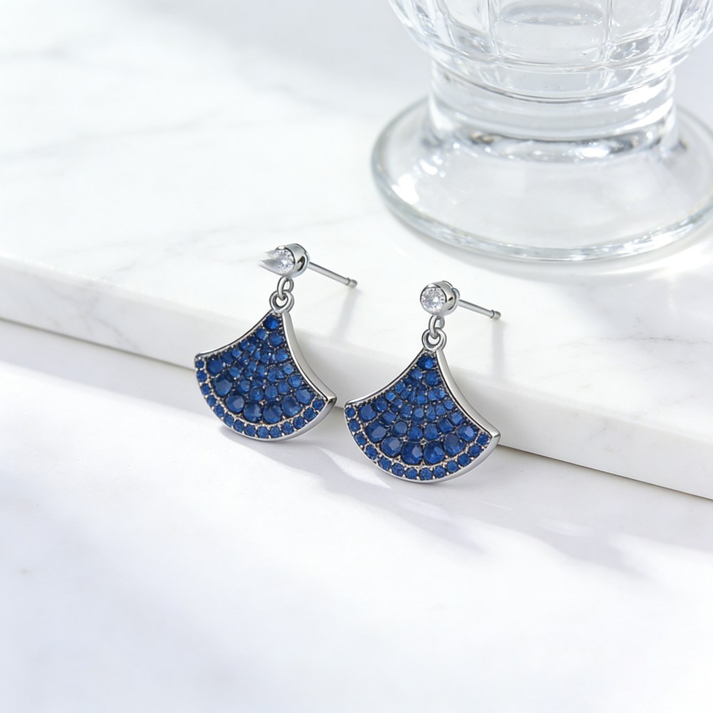 Custom 925 Sterling Silver Blue Fan Pave Drop Earrings for OEM ODM