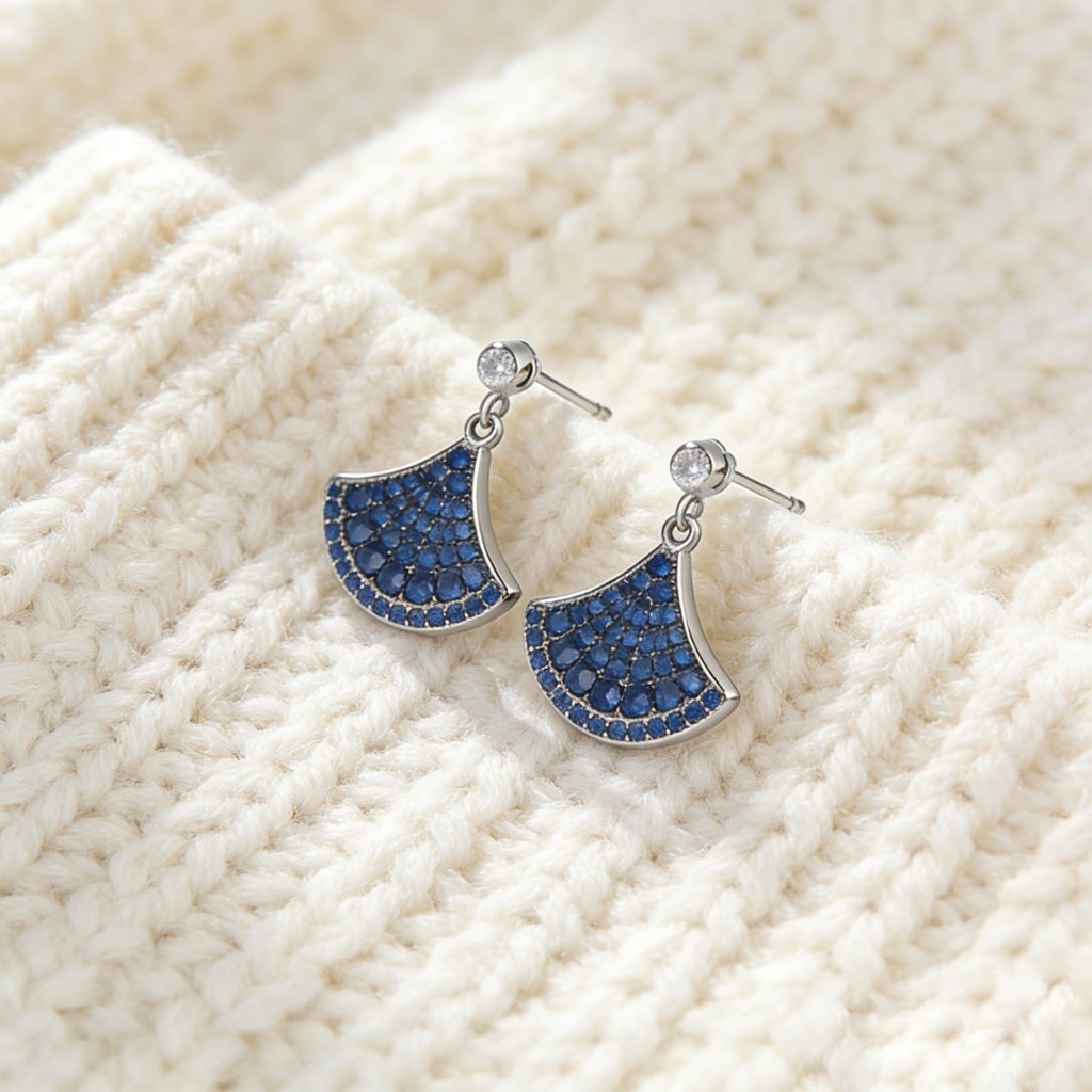 Blue Fan Pave Drop Earrings detail view