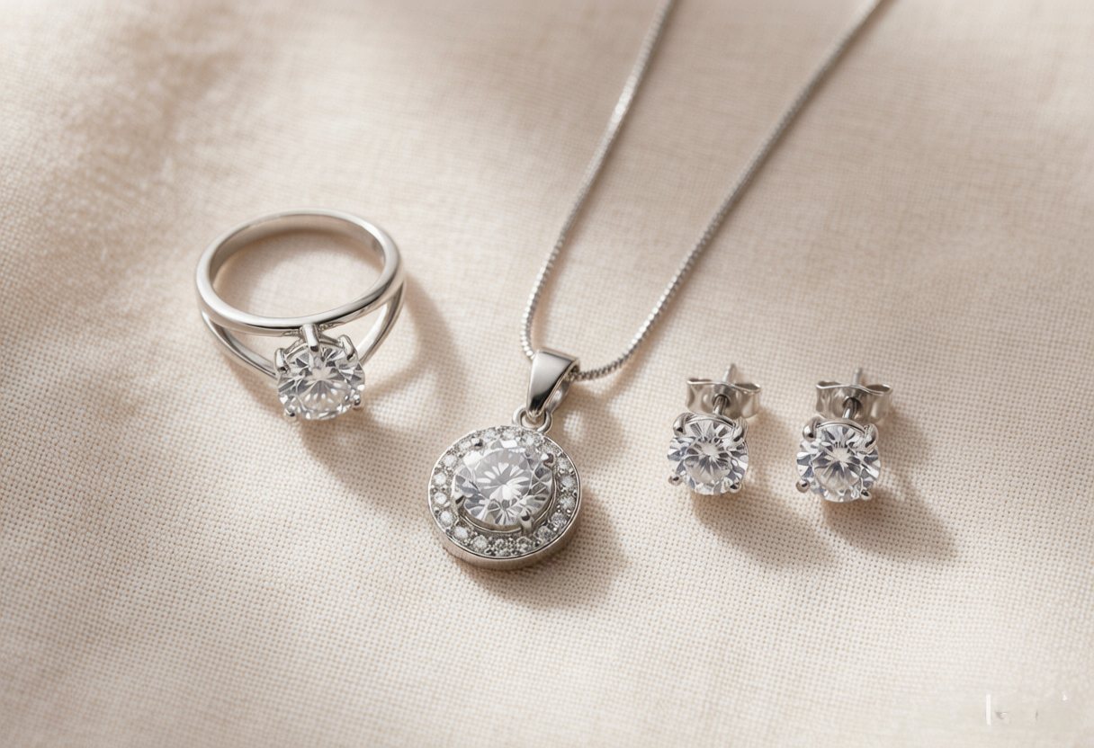 925 sterling silver rings, pendant and earrings arranged on linen