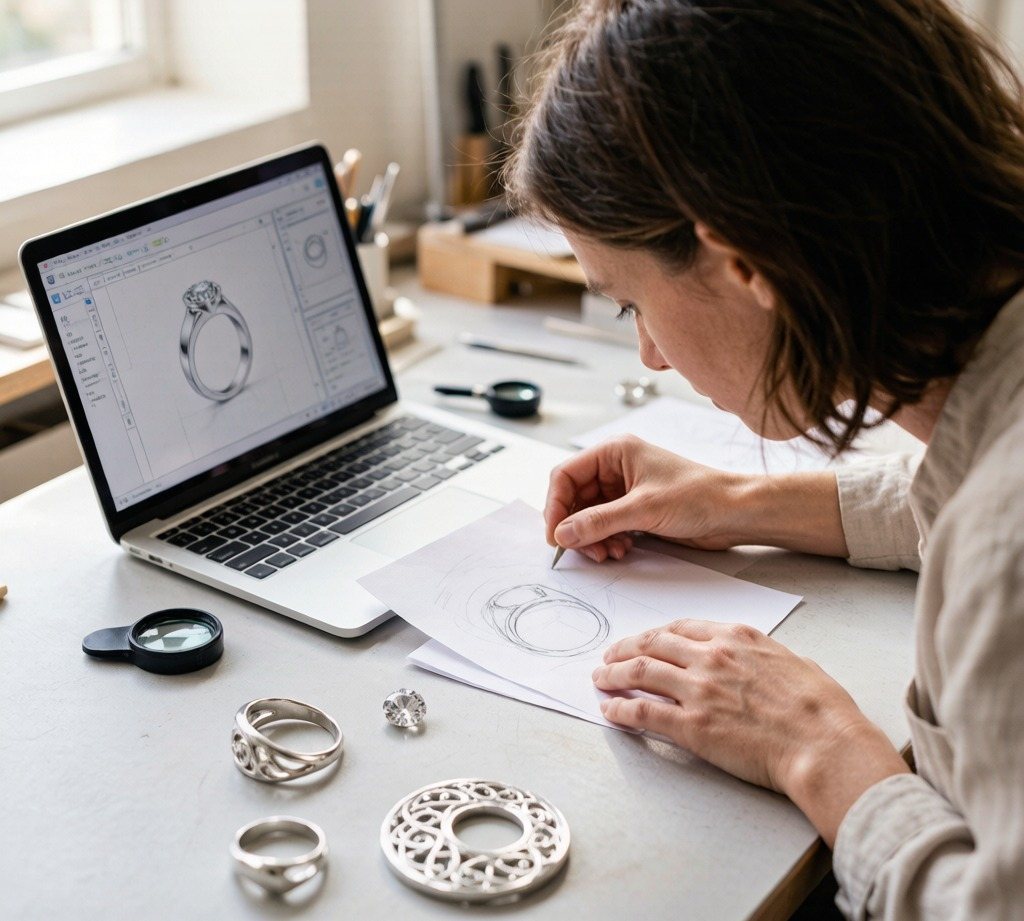 Designer reviewing a silver ring CAD drawing beside a laptop