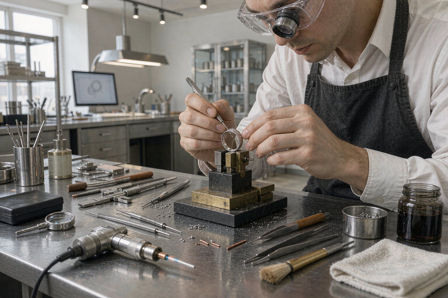 Jeweler finishing a silver sample at the workbench