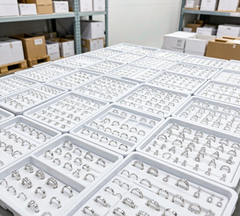 Trays of finished silver rings ready for bulk packing