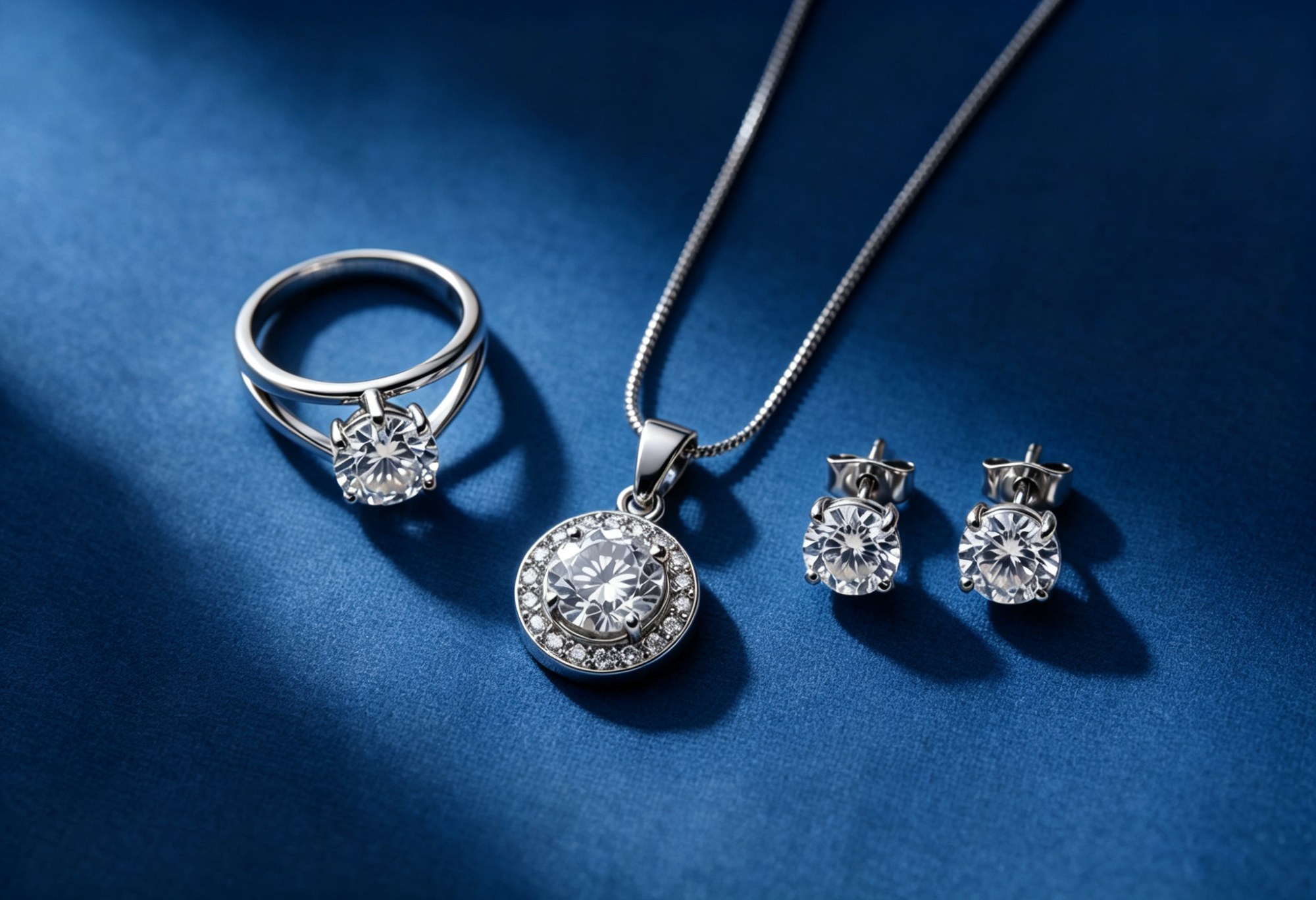 Sterling silver ring, moissanite pendant necklace and stud earrings on deep blue fabric