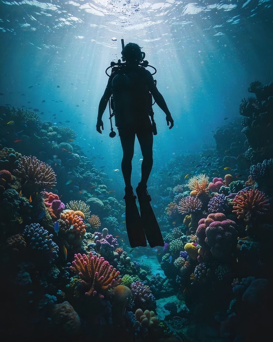 Diver silhouetted against a kelp forest and reef