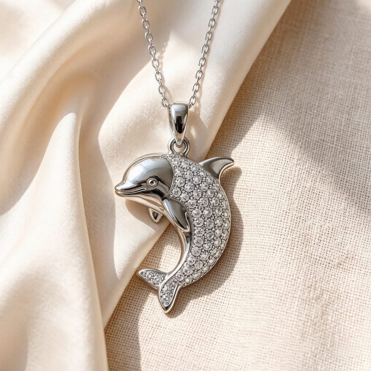 Dolphin pendant in sterling silver on a fine chain