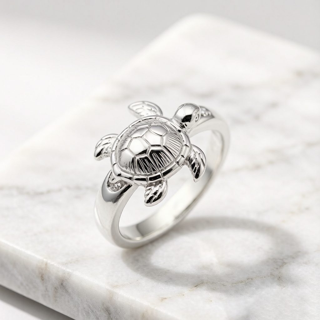 Sterling silver sea turtle ring with textured shell on white marble