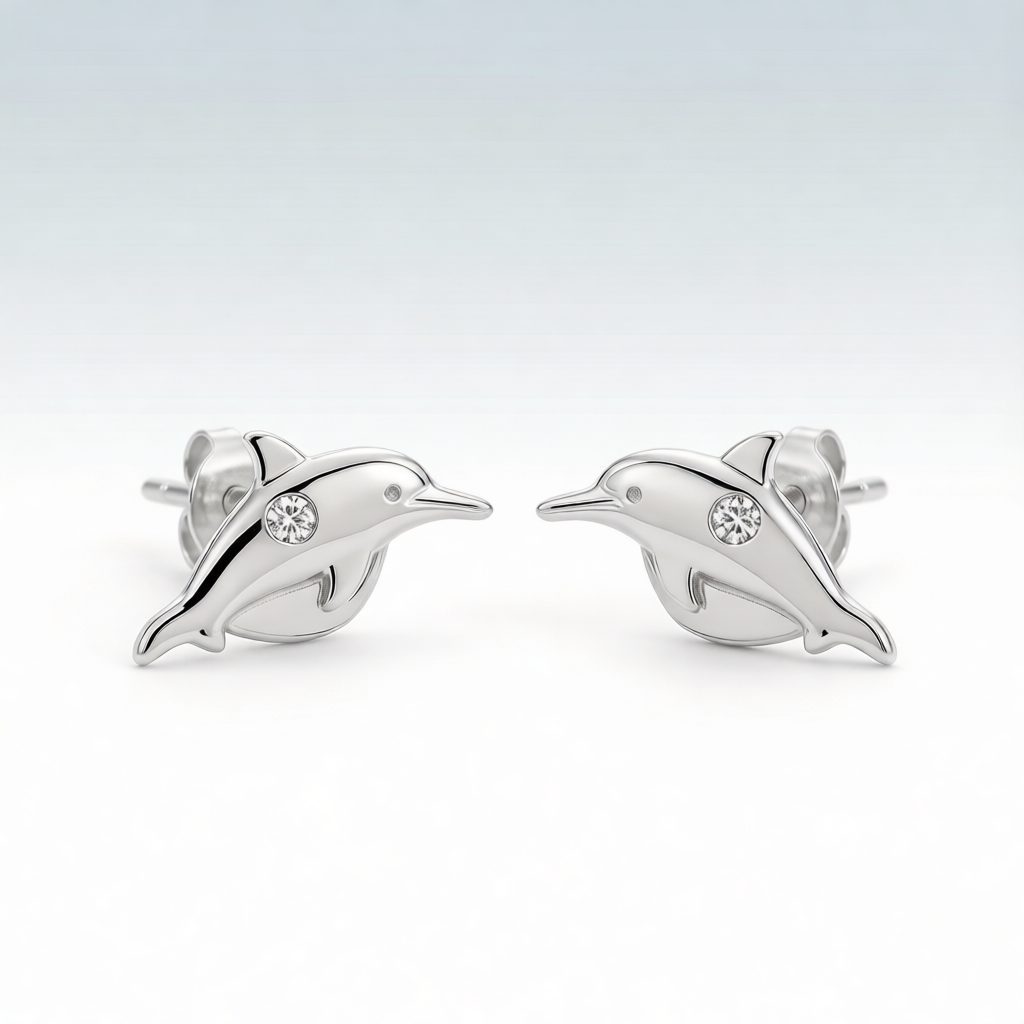 Sterling silver dolphin stud earrings with crystal accents