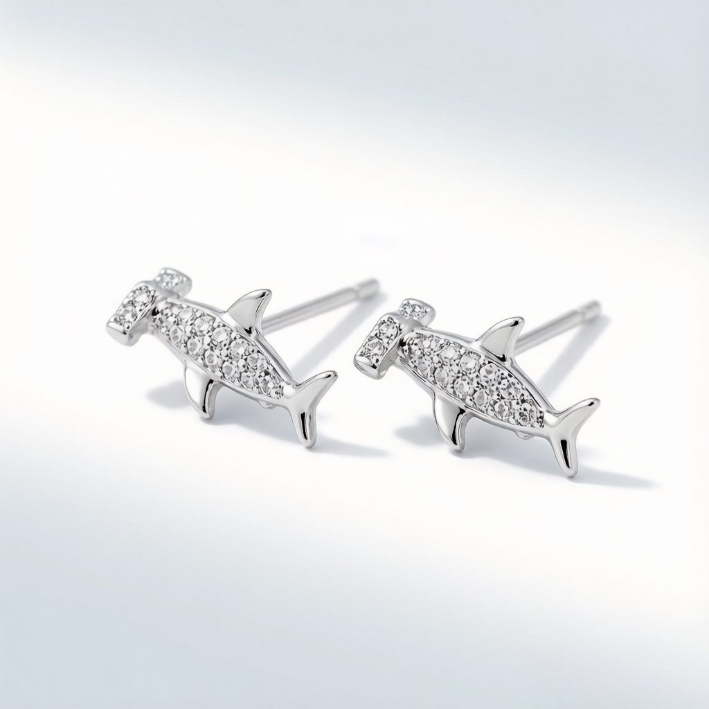 Sterling silver pavé shark stud earrings