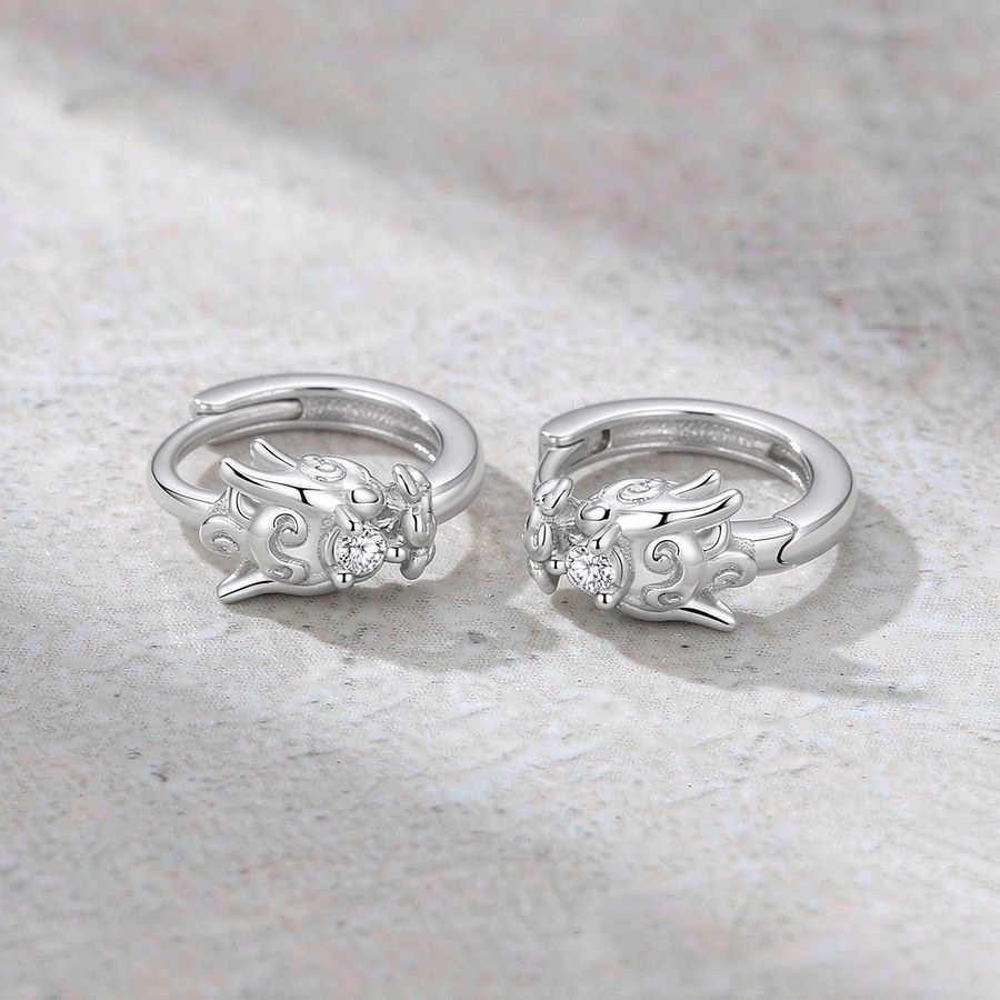 Sterling silver Chinese dragon hoop earrings with cubic zirconia
