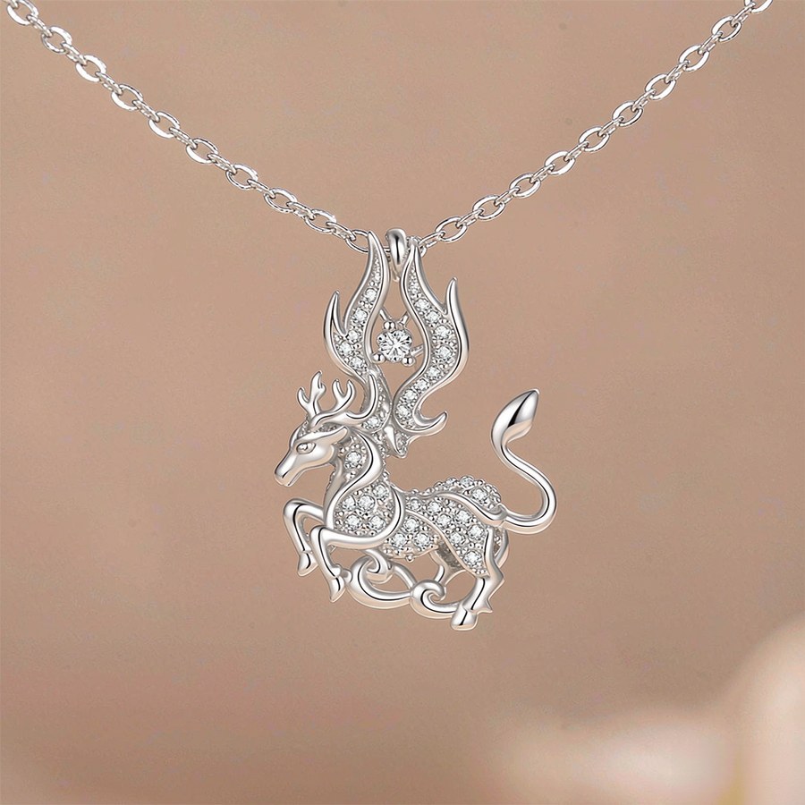 Sterling silver qilin pendant necklace with gemstones