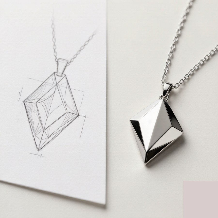 Sterling silver custom geometric pendant with design sketch