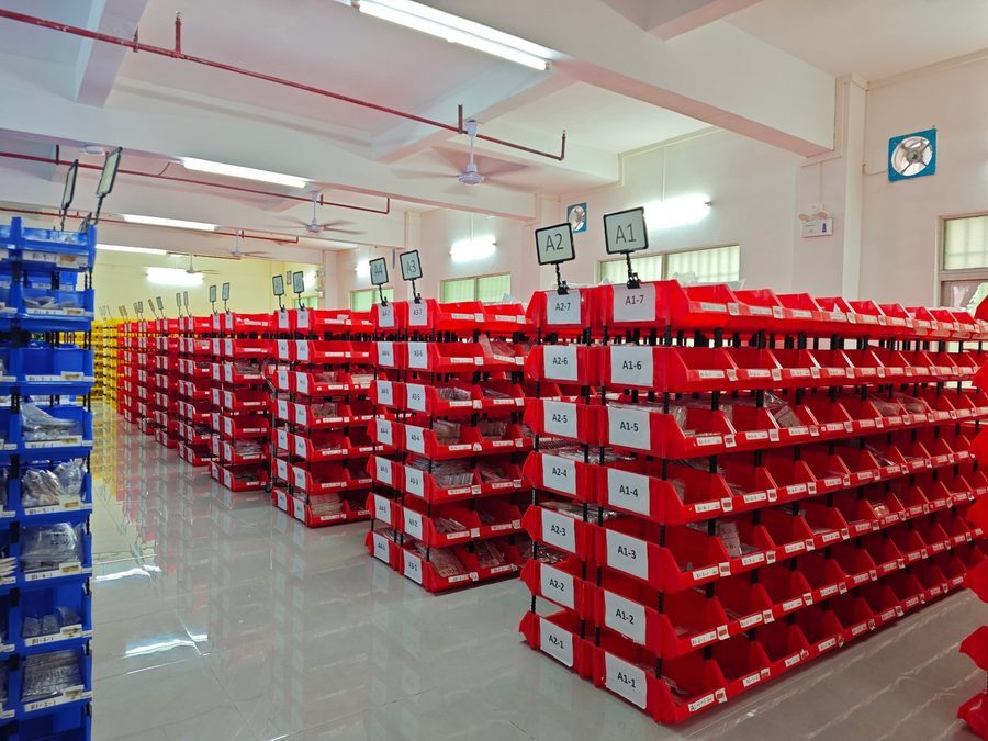 Organized component storage inside our own factory in Haifeng, Shanwei
