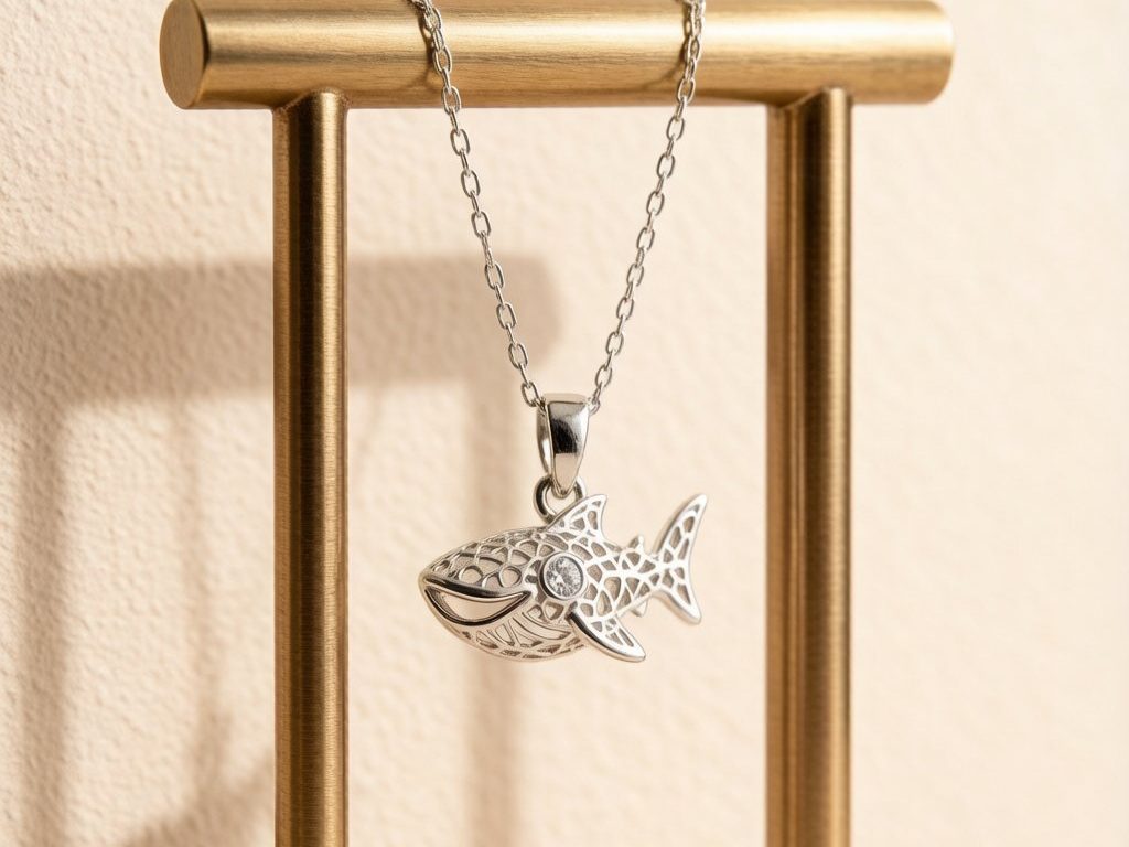 Ocean Collection silver whale shark pendant with cubic zirconia on a display stand