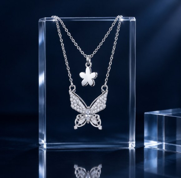 Layered Butterfly Necklace | Pave Butterfly and Plain Flower | Bridal | 925 Silver | ODM