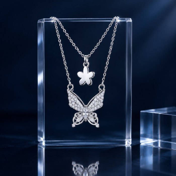 Layered Butterfly Necklace | Pave Butterfly and Plain Flower | Bridal | 925 Silver | ODM