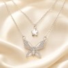 Layered Butterfly Necklace | Pave Butterfly and Plain Flower | Bridal | 925 Silver | ODM