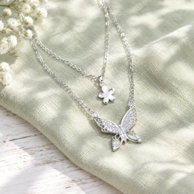 Layered Butterfly Necklace | Pave Butterfly and Plain Flower | Bridal | 925 Silver | ODM