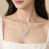 Layered Butterfly Necklace | Pave Butterfly and Plain Flower | Bridal | 925 Silver | ODM