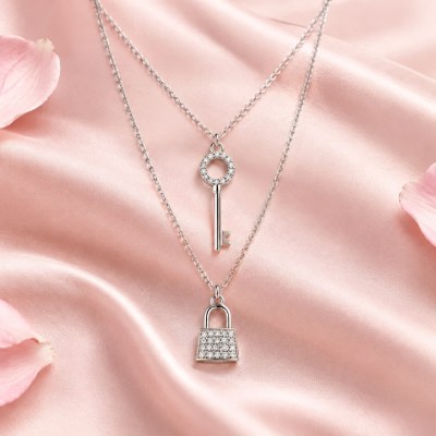Key and Lock Necklace | Double Chain Pavé Key Charm and Padlock | 925 Silver | ODM