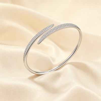 Open Cuff Bangle | Tapered Bypass Ends with Pavé Silver Shank | 925 Silver | ODM