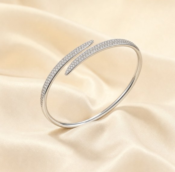 Open Cuff Bangle | Tapered Bypass Ends | Pave Shank | 925 Silver | ODM Manufacturer
