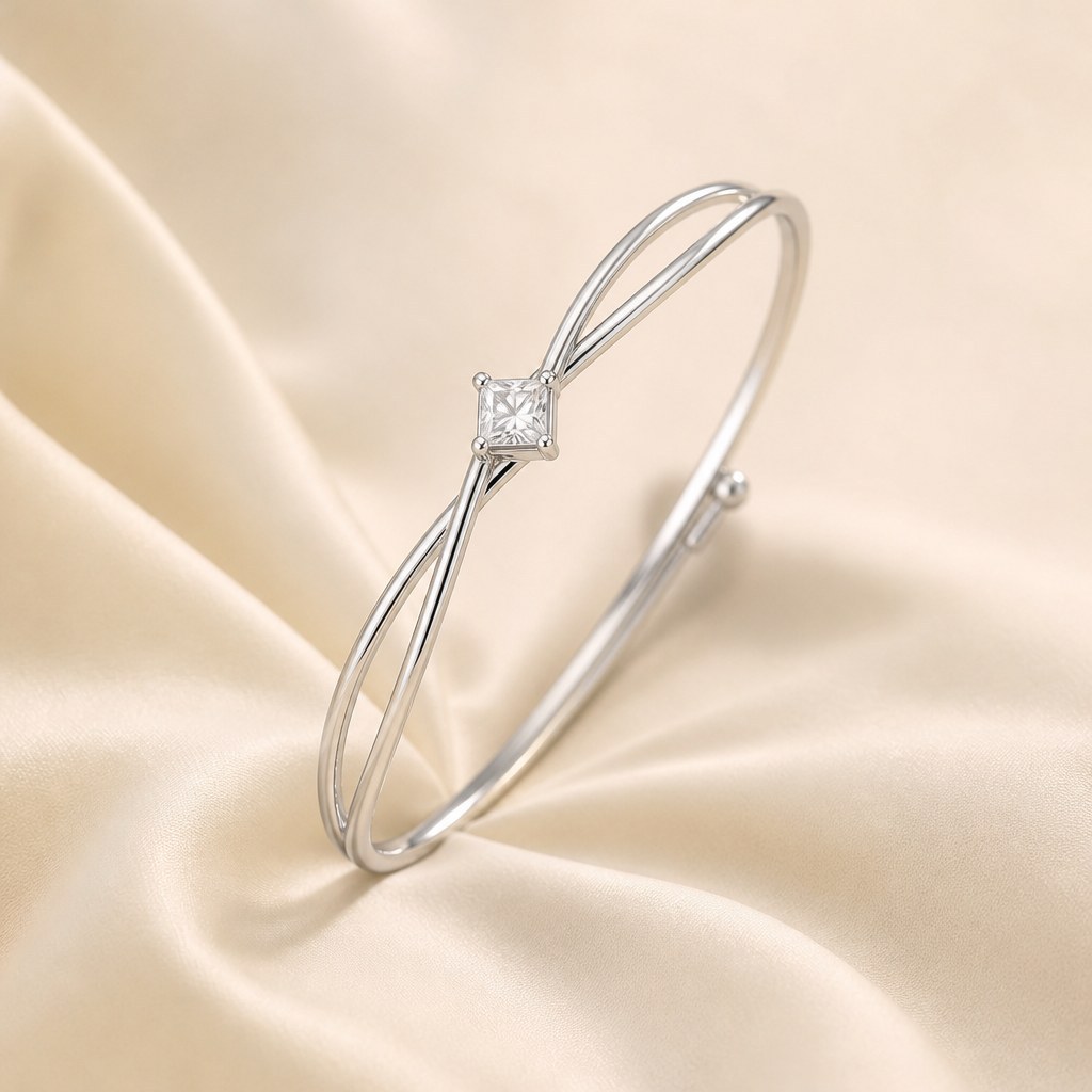 Custom 925 sterling silver Twisted Double Strand Bangle, two slim strands twisted together around a square stone in a four petal seat