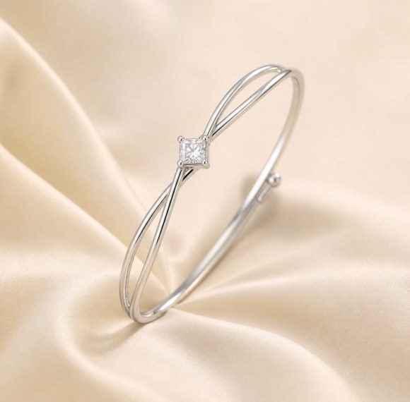 Twisted Bangle | Double Strand Crossover with Four Petal Square Stone | 925 Silver | ODM