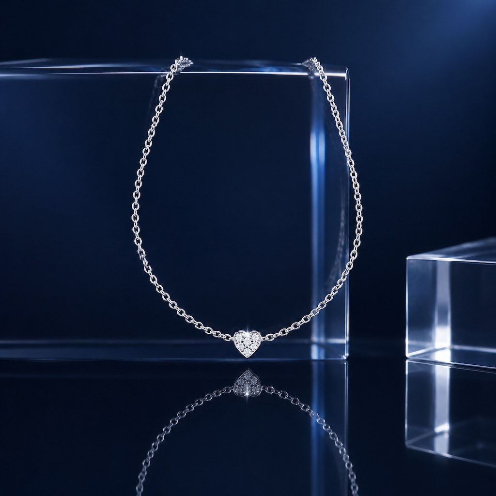 Pave heart of the silver heart charm bracelet, seen against a dark plinth