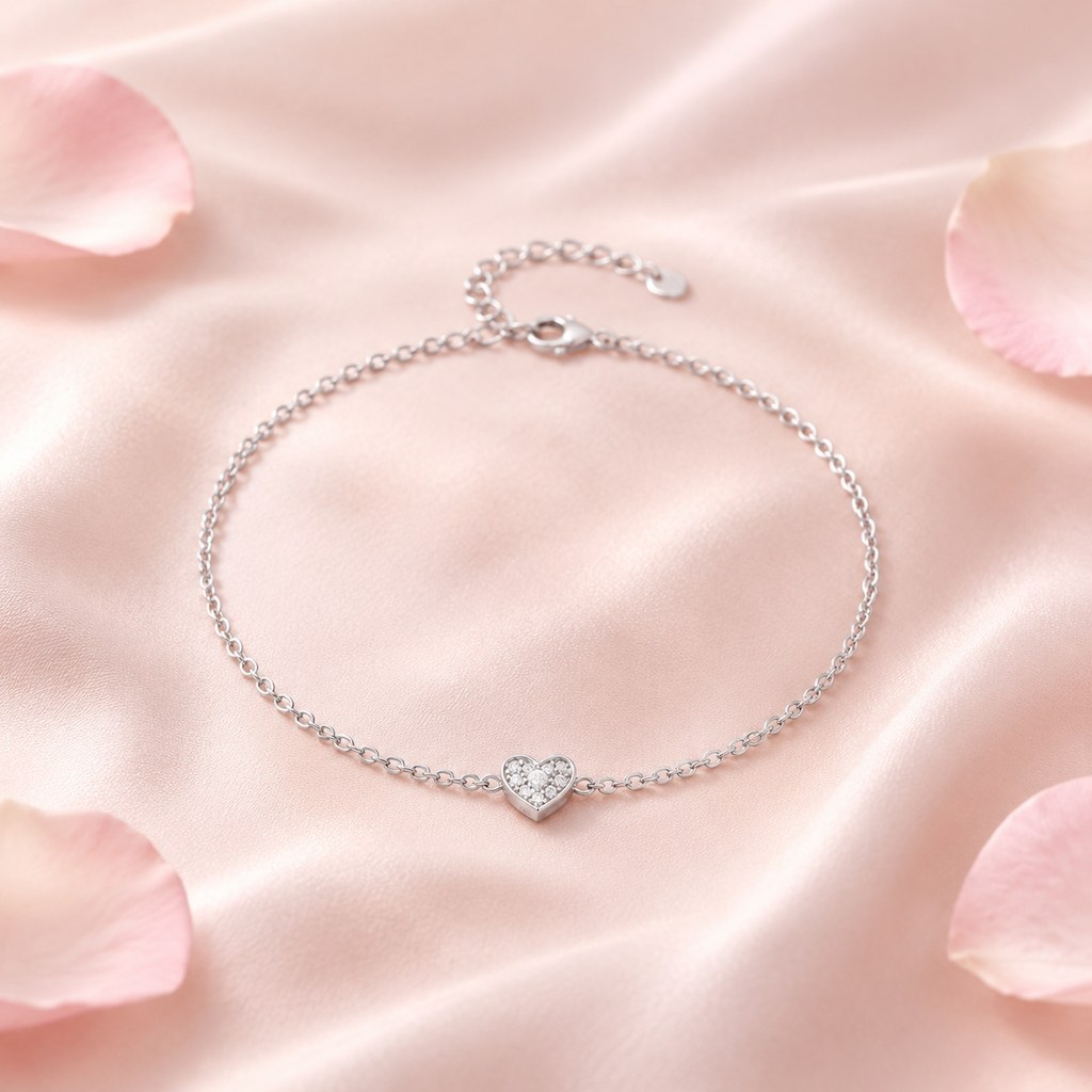 Heart charm bracelet on petal-strewn satin, clasp and extender drawn up above the heart