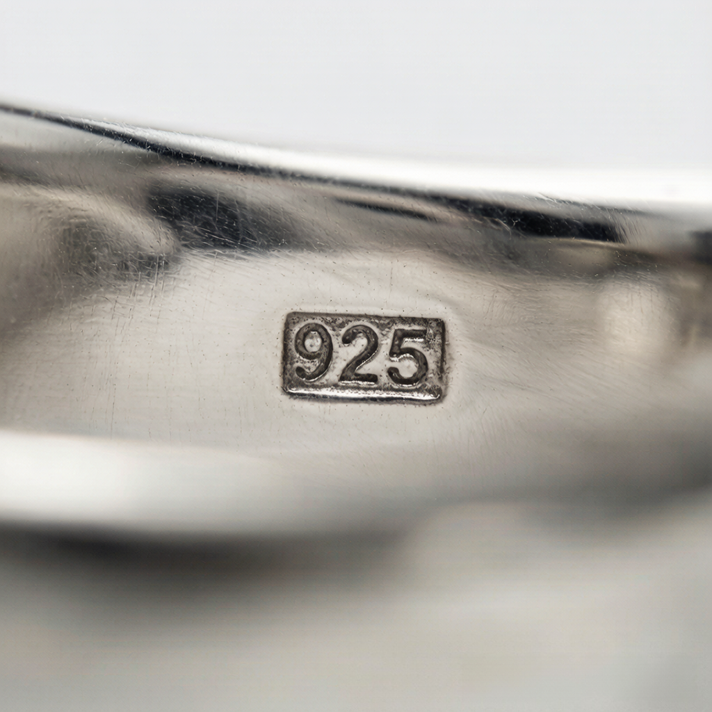 Macro photograph of a 925 fineness stamp on sterling silver